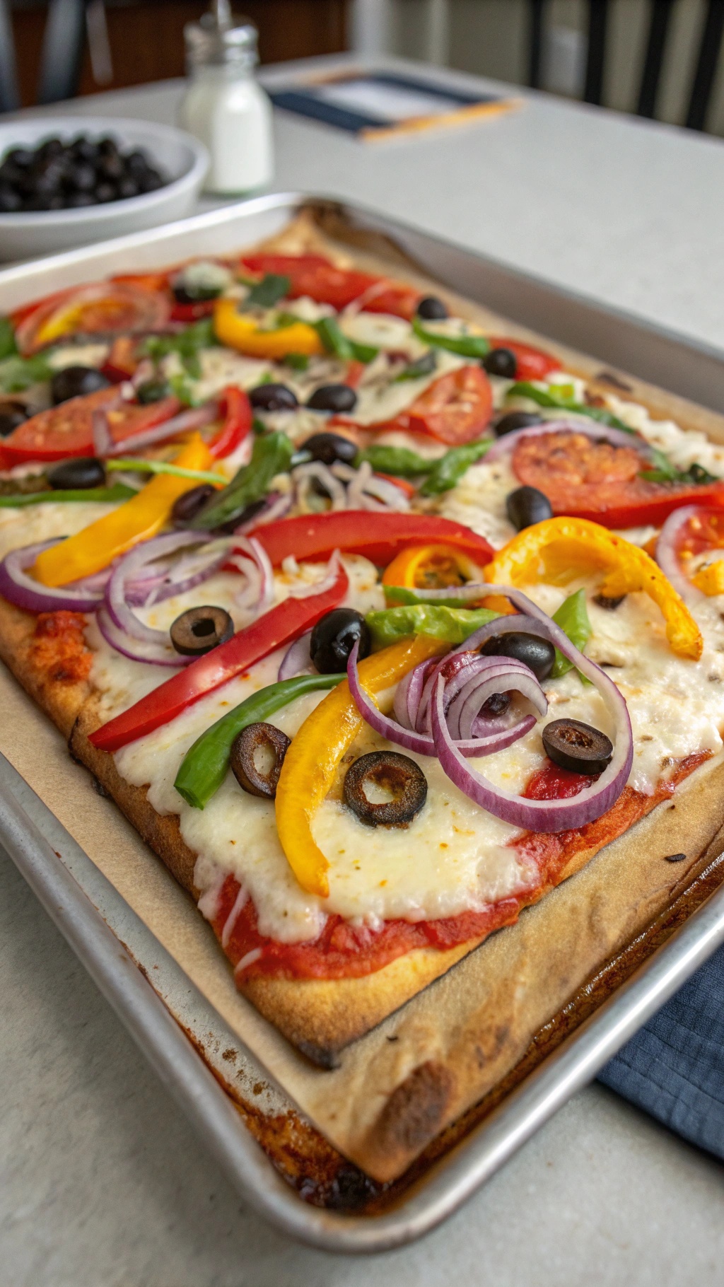 A delicious sheet pan veggie pizza topped with colorful vegetables and melted cheese.