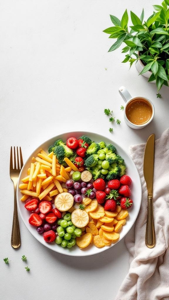 A colorful plate filled with pasta, fruits, and vegetables, showcasing a balanced meal prep option.