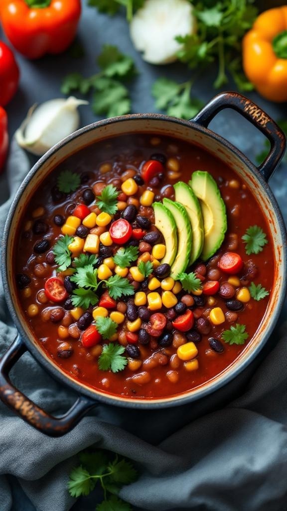 A colorful pot of vegan chili topped with avocado and cilantro, surrounded by fresh vegetables.