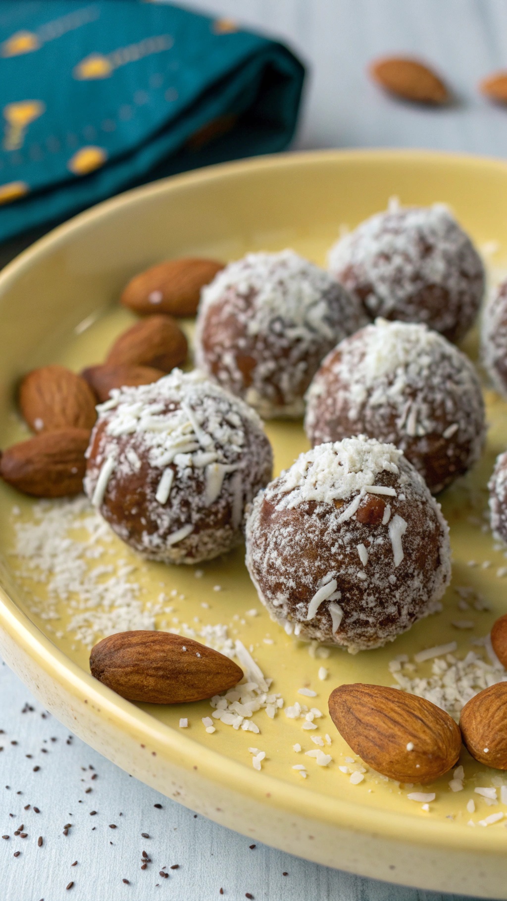 A plate of Almond Joy Energy Balls surrounded by almonds and shredded coconut.