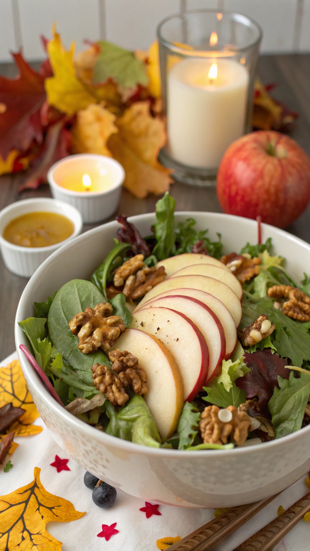 A bowl of Apple and Walnut Salad with honey vinaigrette, surrounded by autumn leaves and candles.