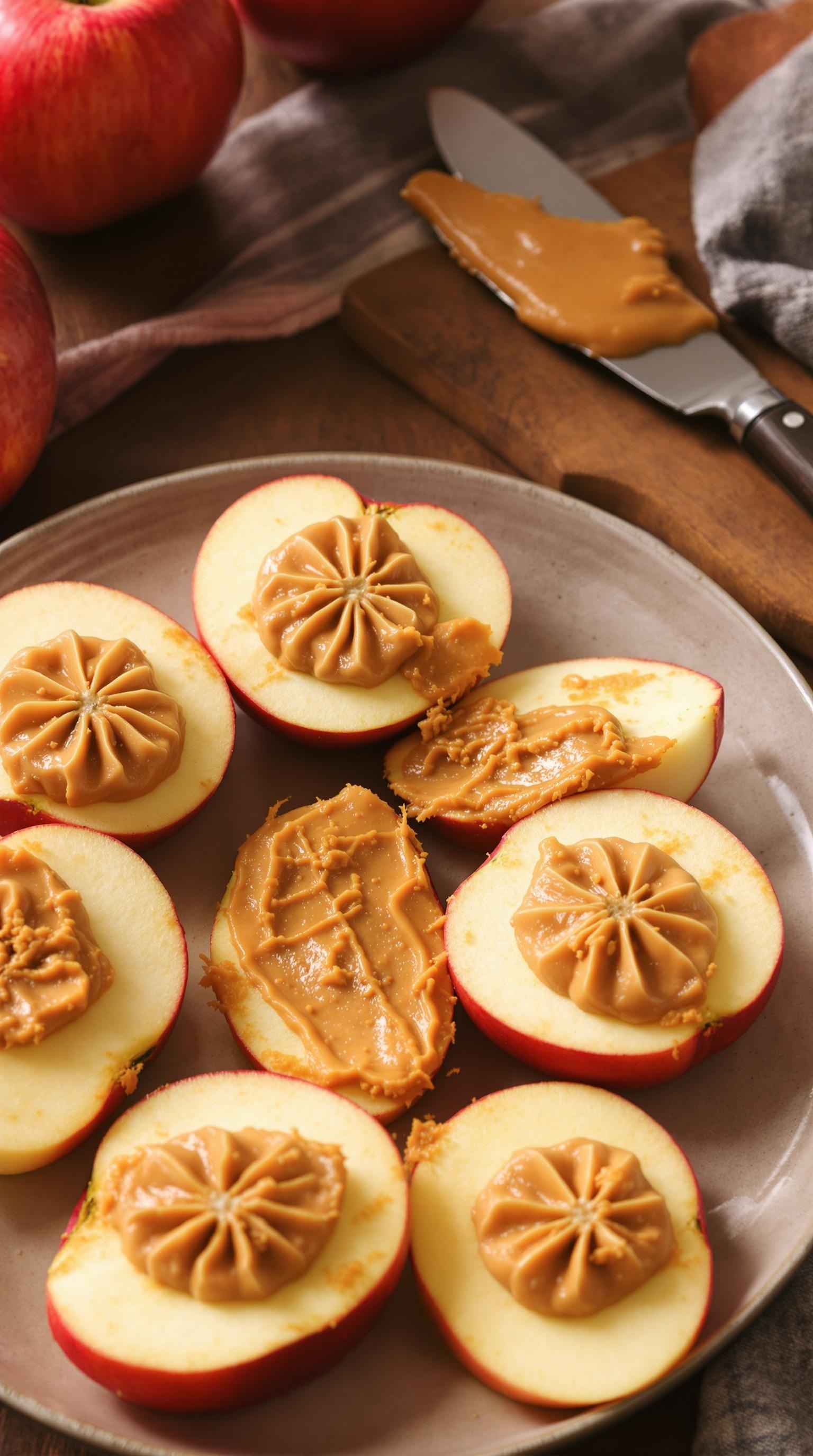 Plate of apple slices topped with peanut butter, with a knife and whole apples in the background.