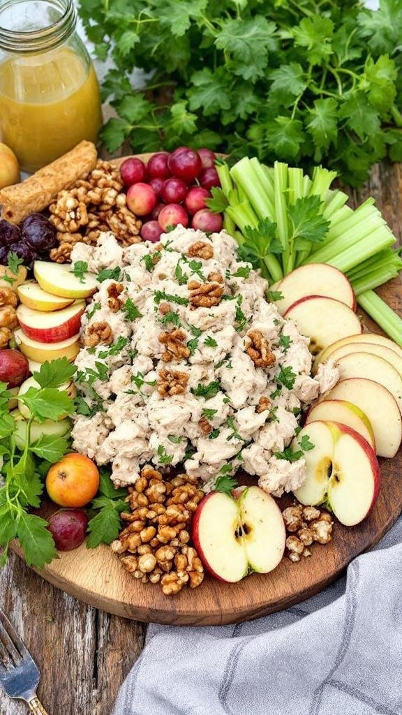 A colorful charcuterie board featuring apple walnut chicken salad, fresh fruits, and vegetables.