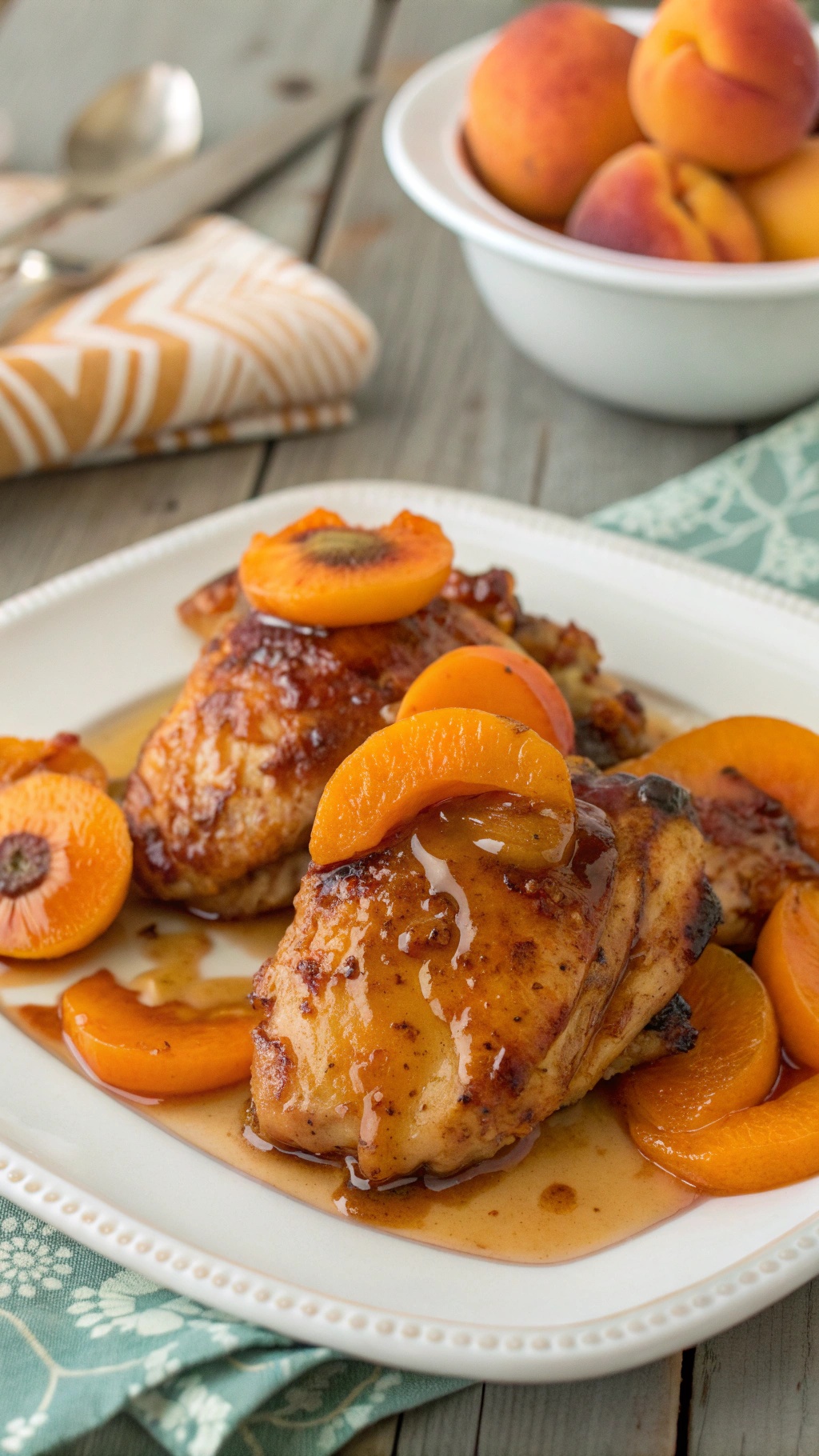 Apricot glazed chicken thighs served with fresh apricot slices on a white plate