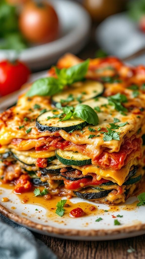 A close-up of a colorful vegan ratatouille lasagna with layers of zucchini, eggplant, and tomato sauce, garnished with fresh basil.