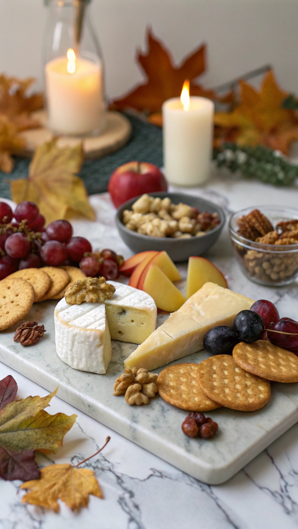 A beautifully arranged cheese board with Brie, cheddar, grapes, apple slices, nuts, and crackers, set against a cozy autumn backdrop.