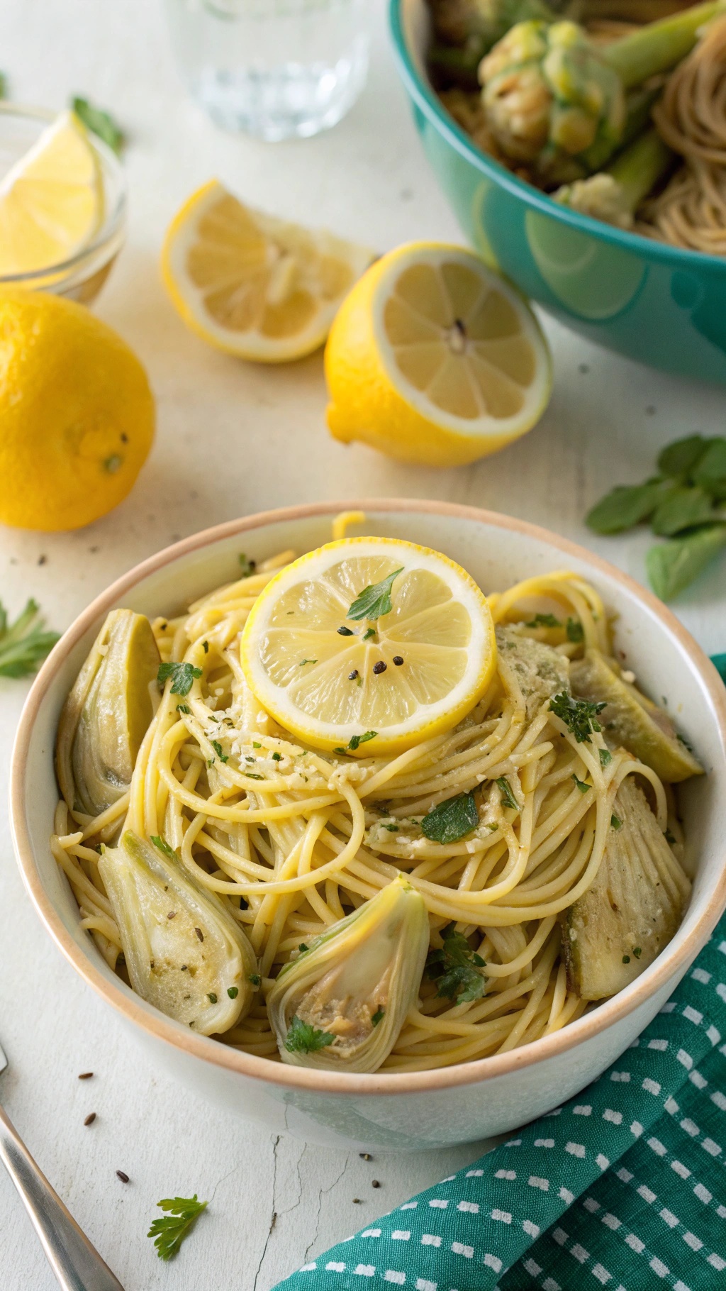 A bowl of artichoke and lemon spaghetti garnished with lemon slices and herbs.
