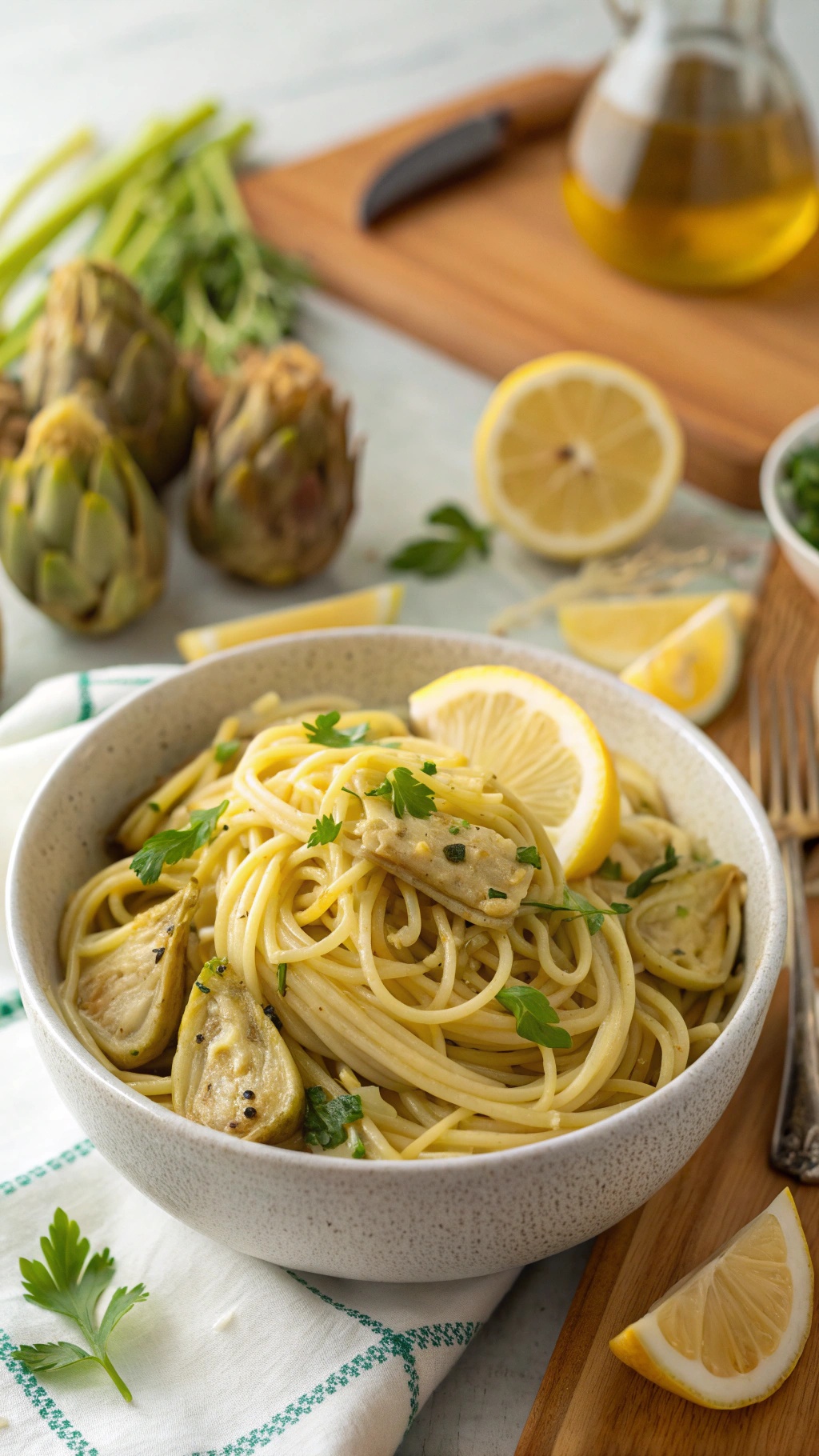 A bowl of artichoke and lemon spaghetti garnished with lemon slices and parsley, with artichokes in the background.