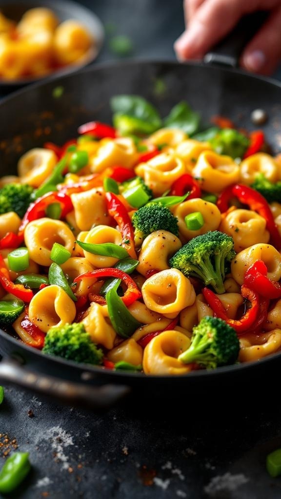 A colorful stir-fry featuring tortellini, chicken, and fresh vegetables in a skillet.