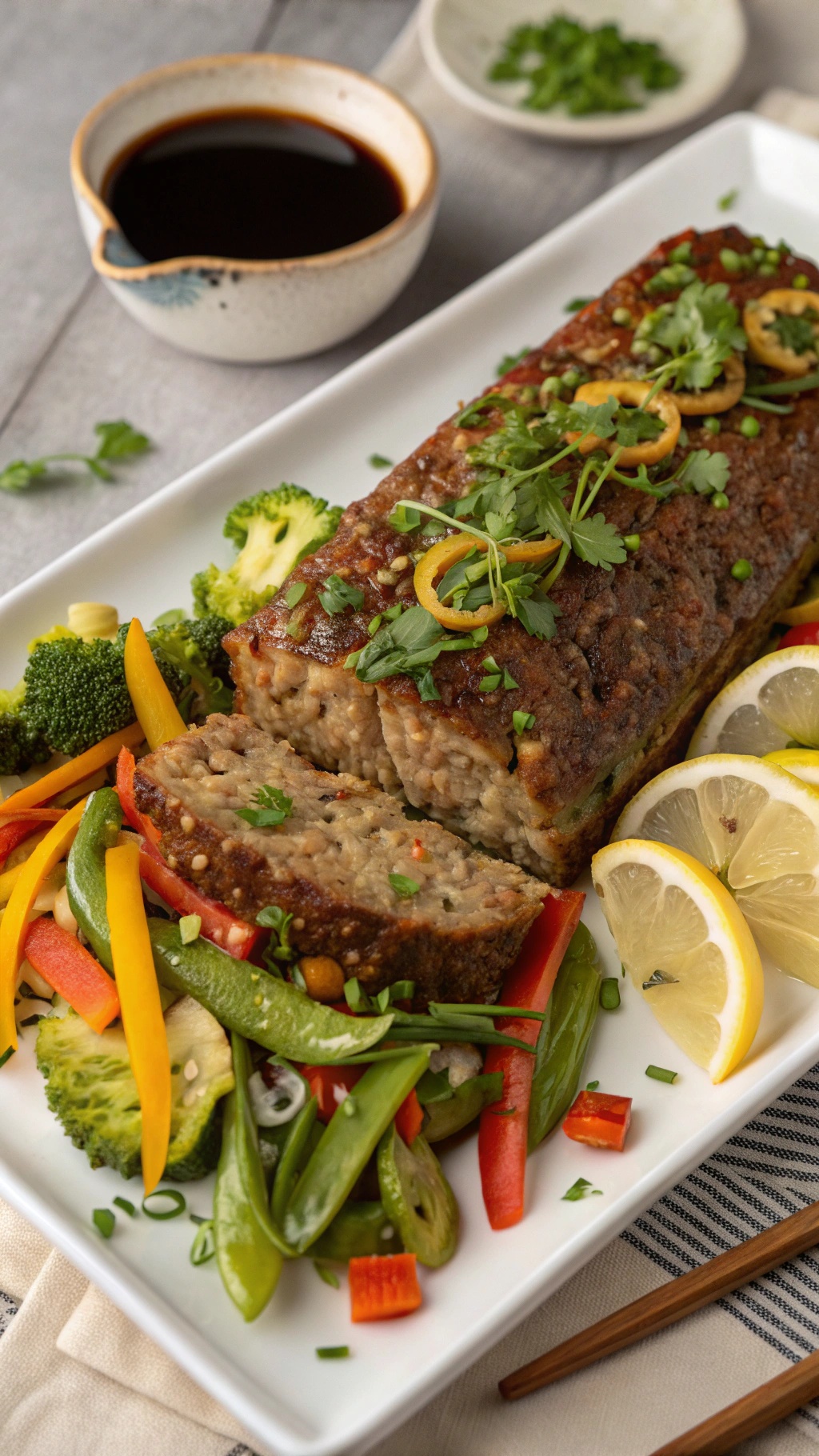 Asian-inspired ginger-sesame meatloaf served with colorful vegetables