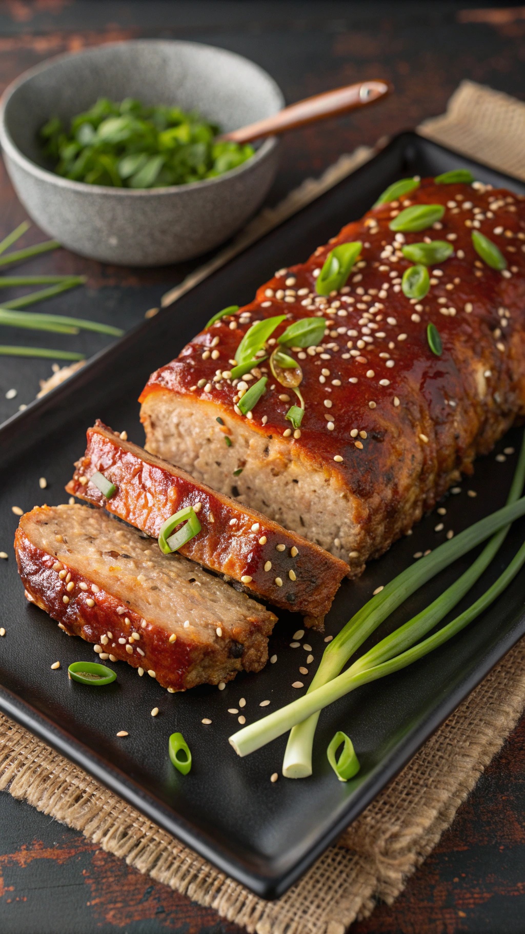 Asian-inspired ginger and sesame chicken meatloaf with sesame seeds and green onions