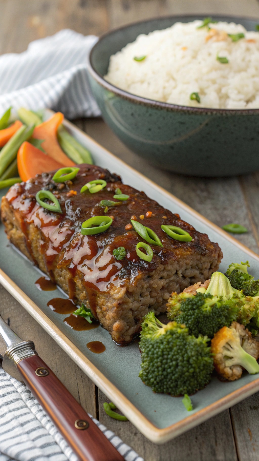 Asian-inspired meatloaf with soy sauce glaze served with rice and broccoli