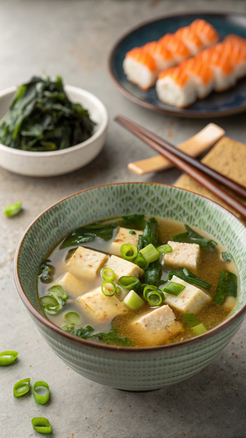 A bowl of Asian-inspired miso soup with tofu, green onions, and leafy greens.