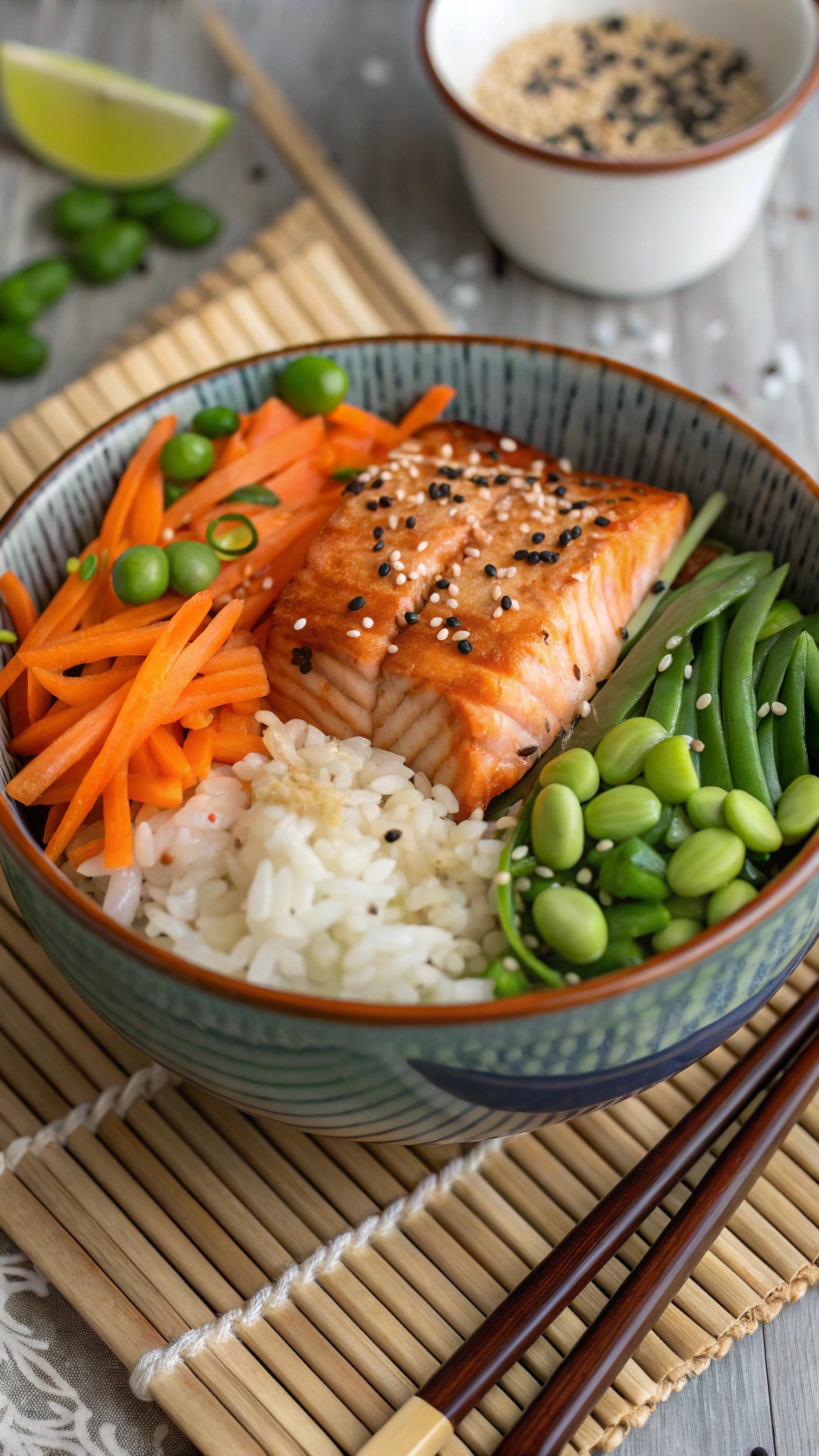 A colorful bowl of Asian-inspired salmon rice with vegetables and rice.