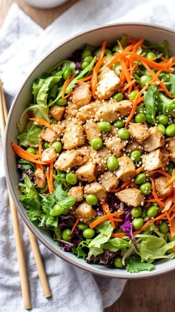 A colorful Asian-inspired sesame chicken salad with mixed greens, carrots, edamame, and sesame seeds.