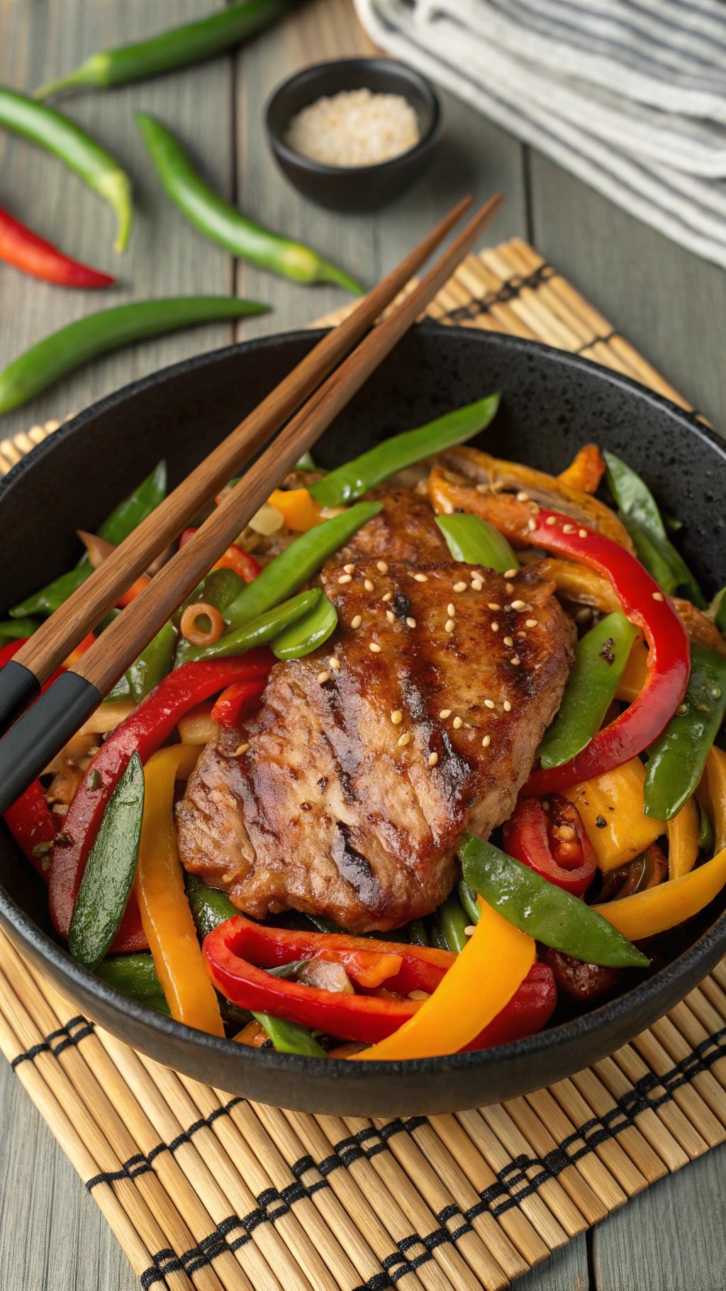A plate of teriyaki pork chops with colorful stir-fried vegetables, garnished with sesame seeds and chopsticks.