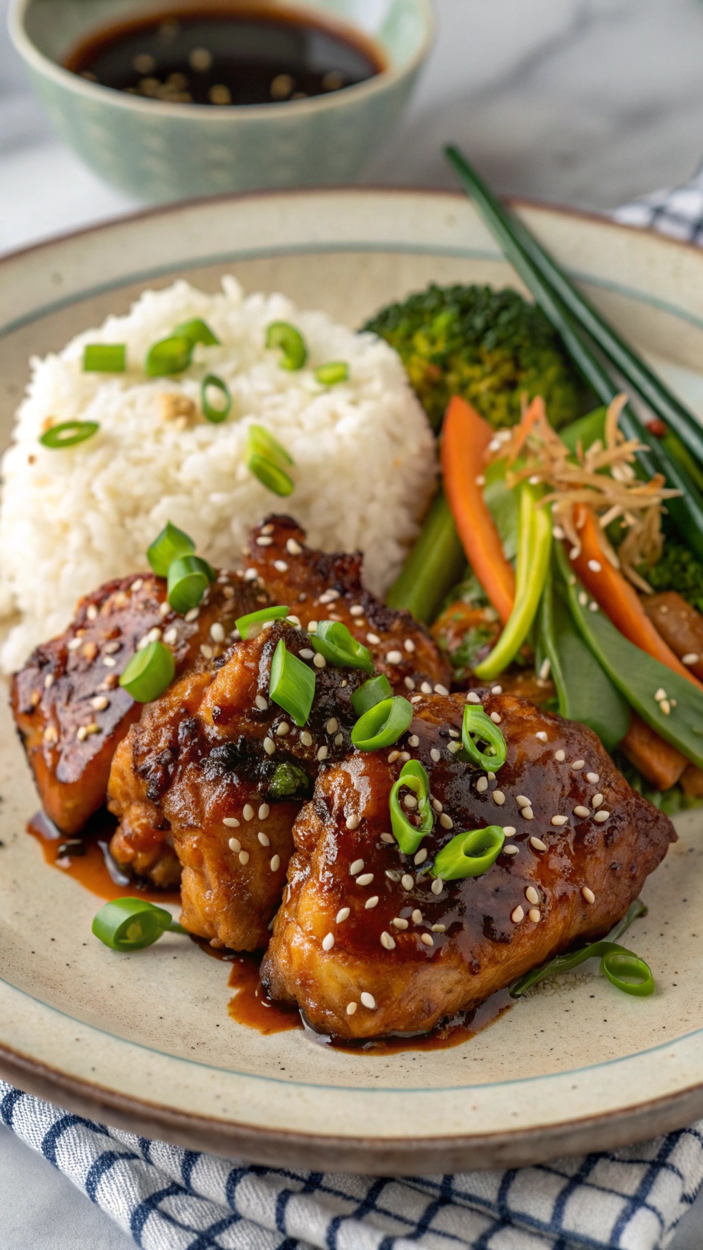 Plate of teriyaki chicken thighs with rice and vegetables, garnished with green onions and sesame seeds.