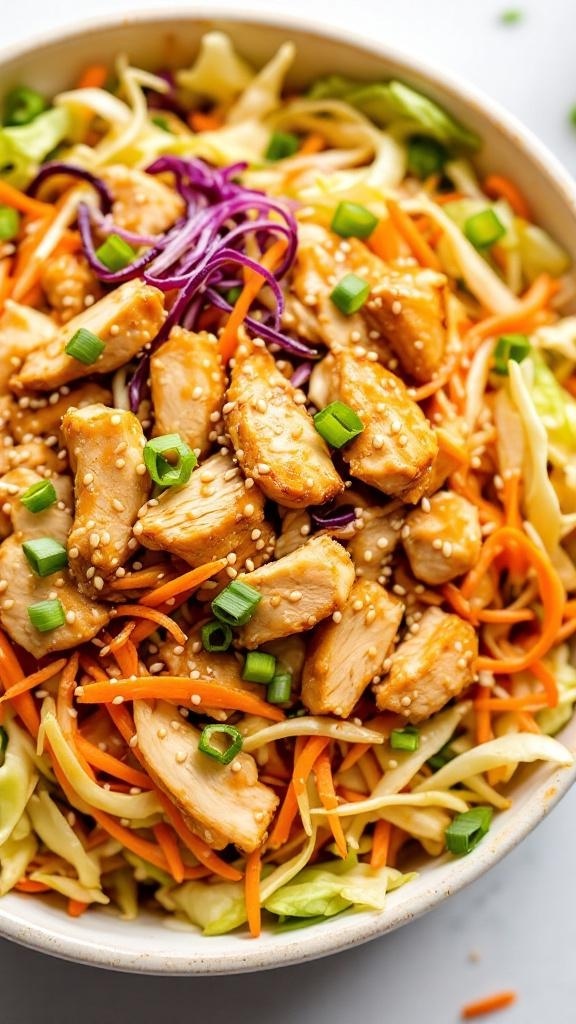 A colorful Asian chicken salad with shredded chicken, carrots, cabbage, and sesame dressing.