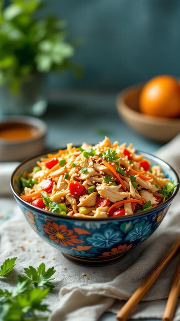 A colorful Asian chicken salad with sesame dressing in a decorative bowl, garnished with sesame seeds and green onions.