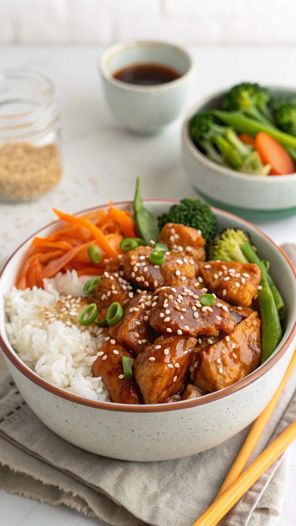 A bowl of Asian sesame chicken with rice and vegetables, garnished with sesame seeds and green onions.