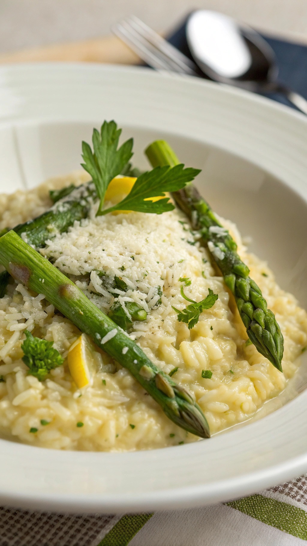 A bowl of asparagus and lemon risotto topped with asparagus spears, lemon slices, and parsley.