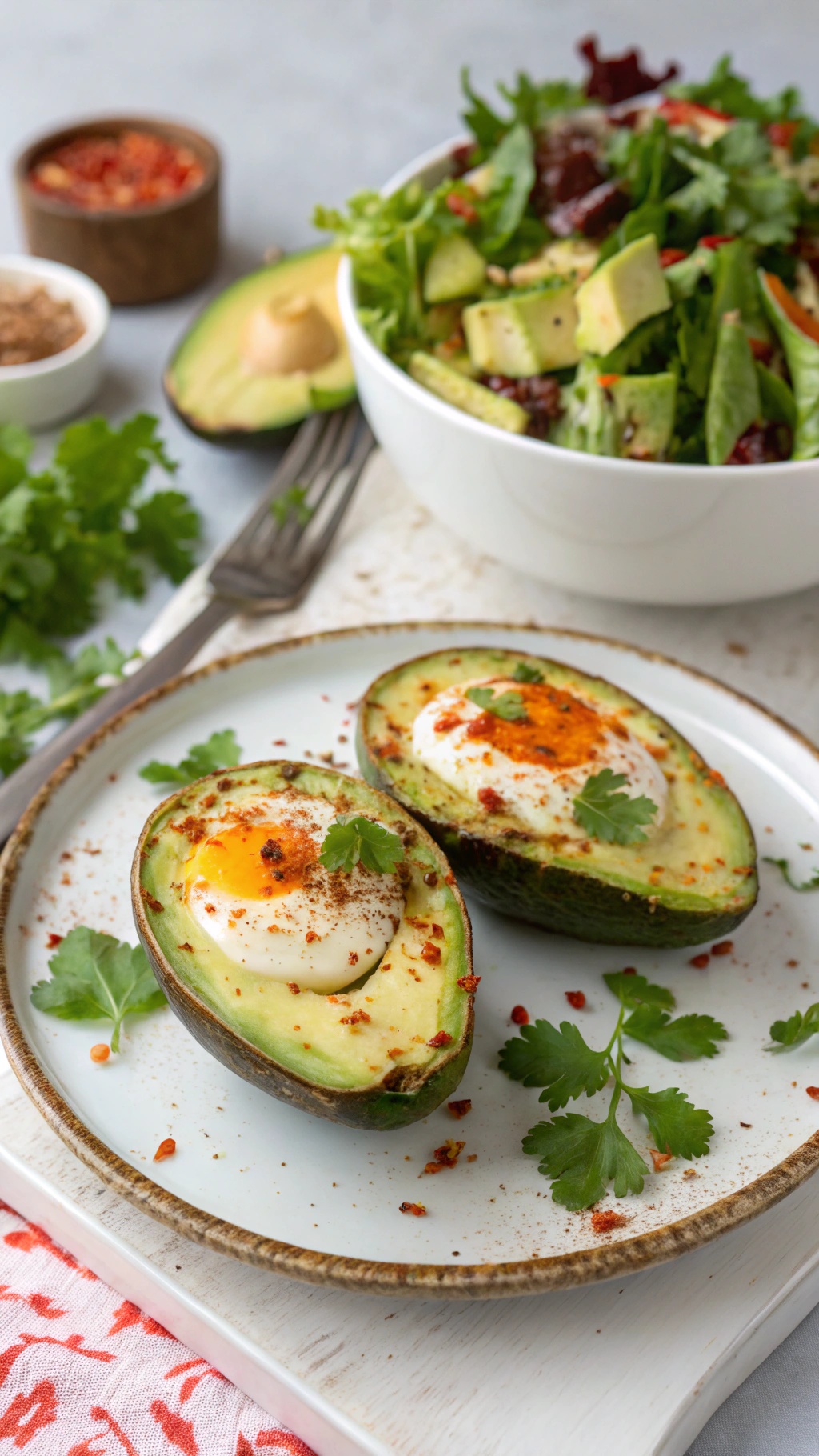 Avocado halves with baked eggs, topped with spices and herbs on a plate.
