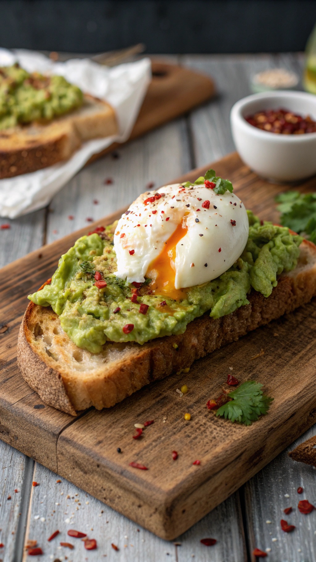 Avocado and egg toast topped with a poached egg and spices on a wooden board.