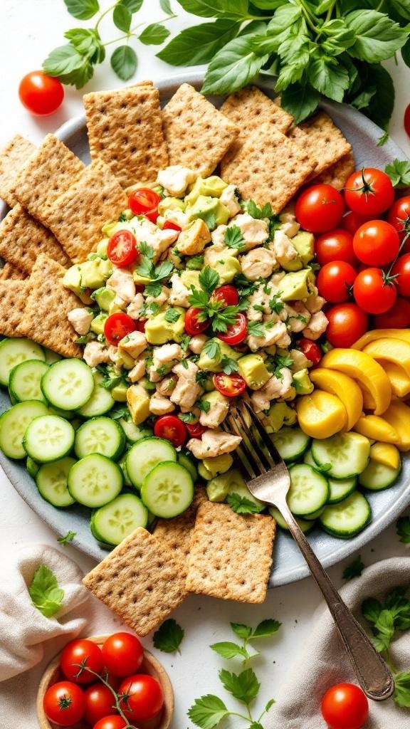 A colorful avocado chicken salad board with cucumbers, cherry tomatoes, and whole-grain crackers.