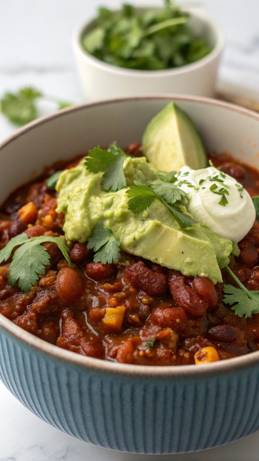 A bowl of chili topped with avocado lime crema, cilantro, and lime wedges.