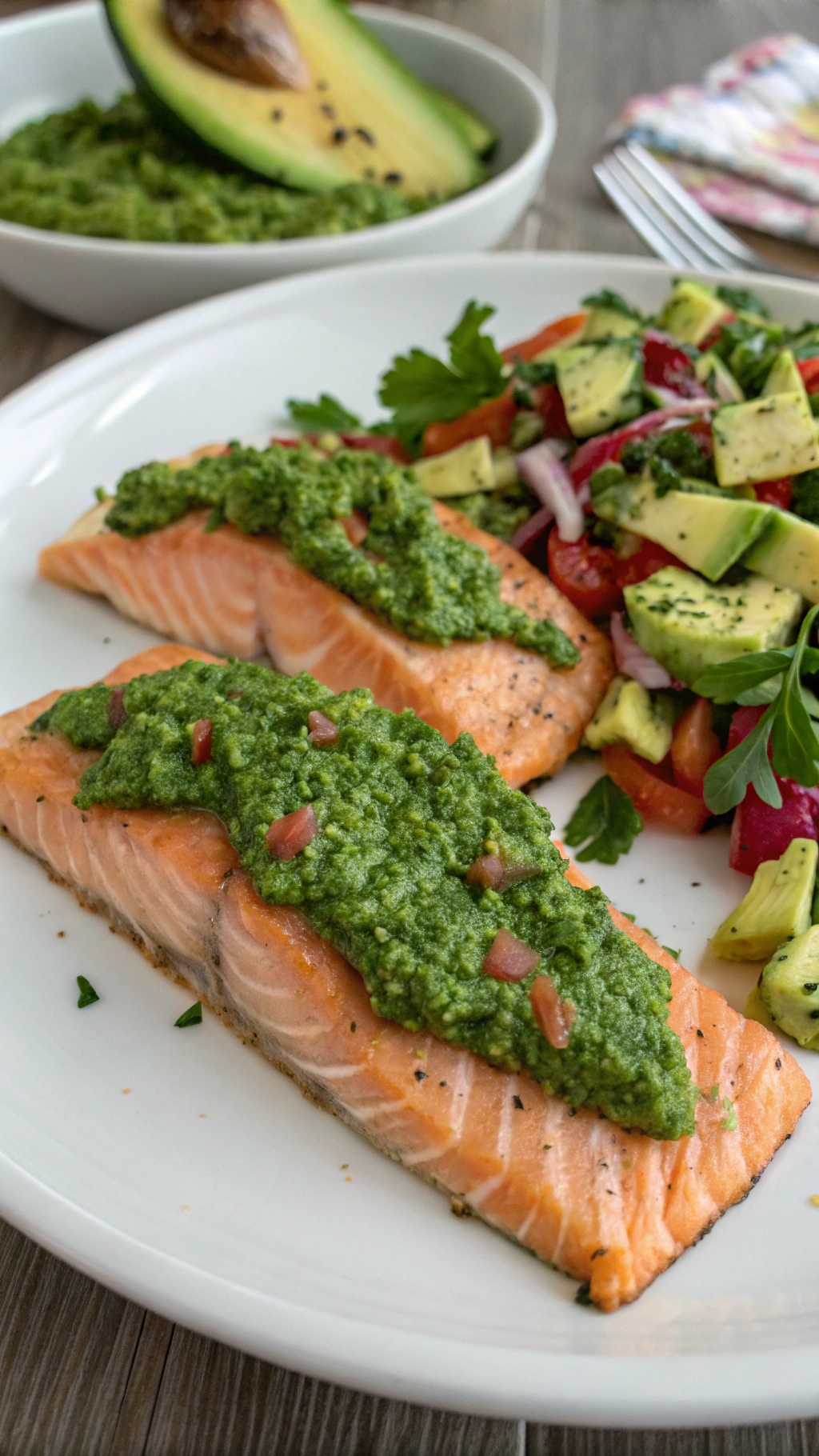 Salmon fillets topped with avocado pesto, served with a fresh salad.