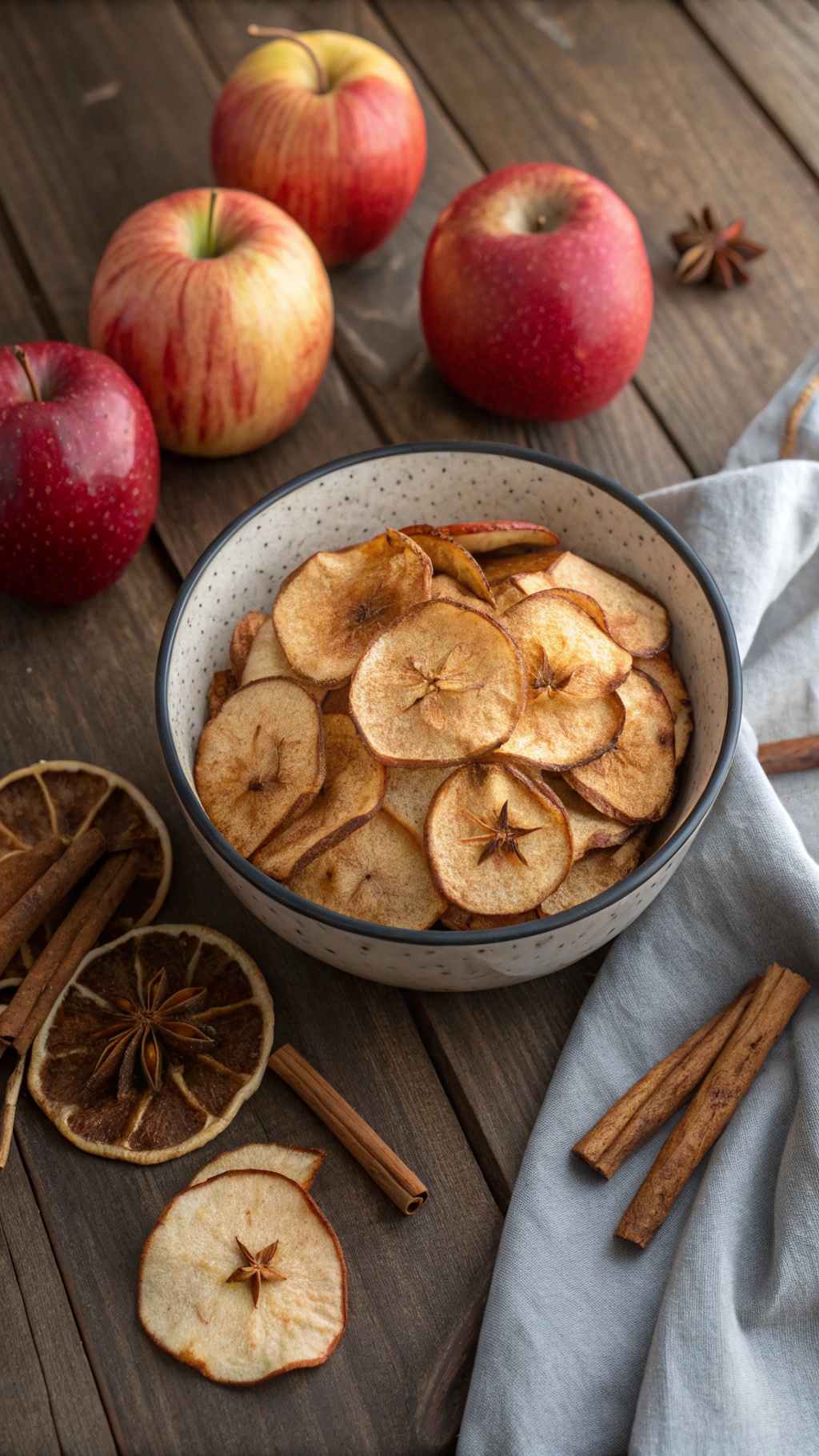 Bowl of baked apple chips surrounded by fresh apples and cinnamon sticks