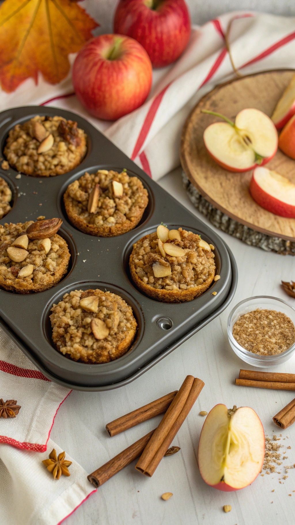 Baked apple cinnamon oatmeal cups with fresh apples and cinnamon sticks