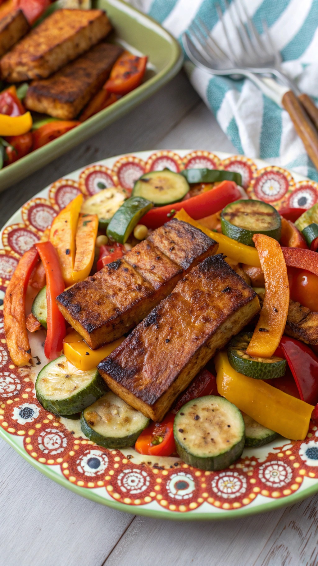 Baked BBQ tofu served with colorful roasted vegetables on a decorative plate.