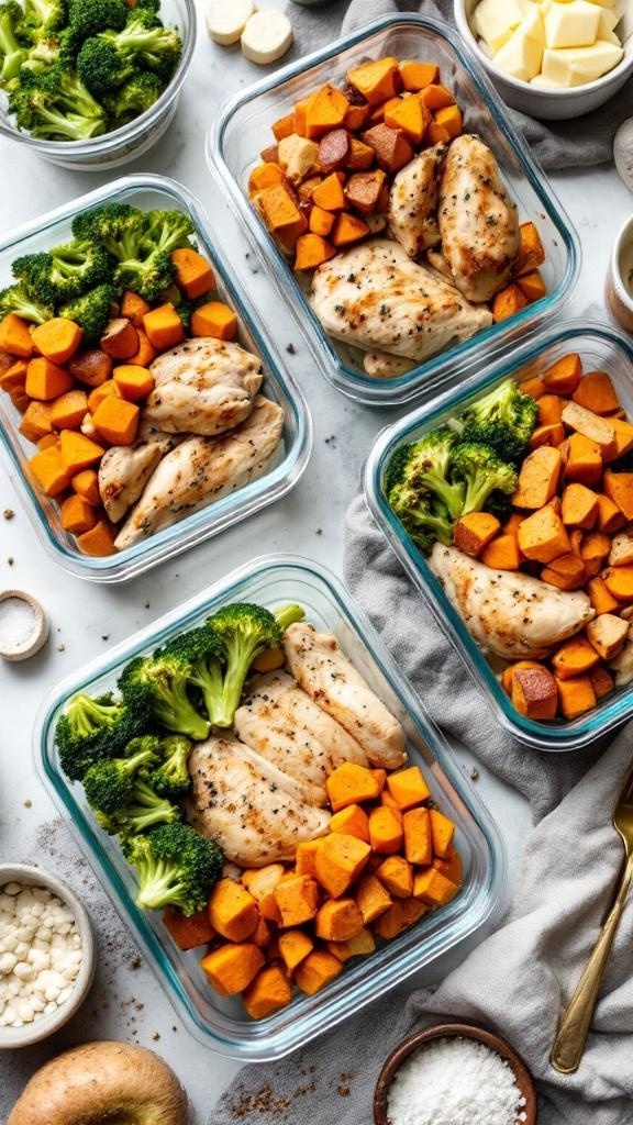 Meal prep bowls with baked chicken, sweet potatoes, and broccoli