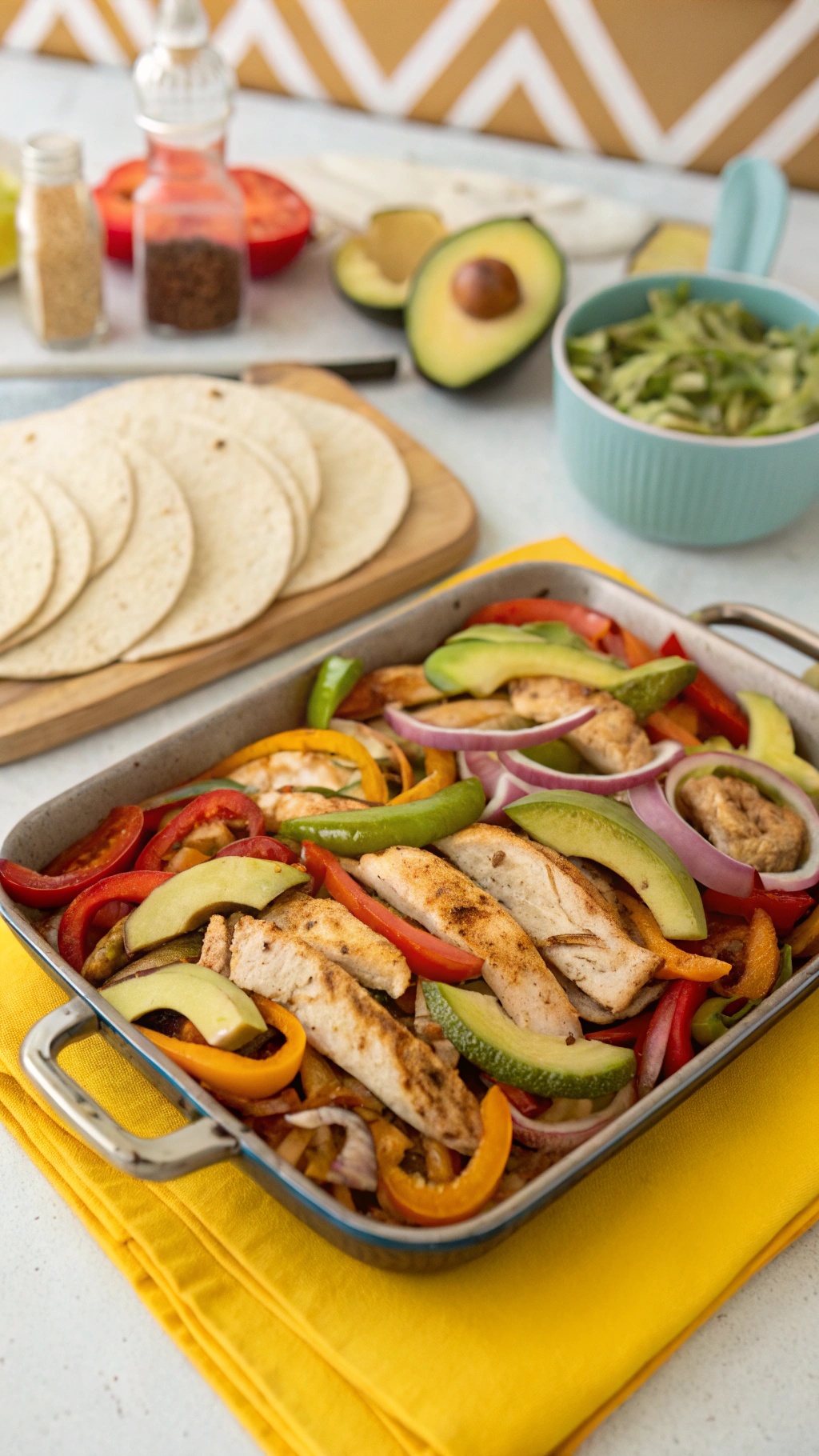 Baked chicken fajitas with peppers and onions in a baking dish, tortillas, avocado, and tomatoes on the side.