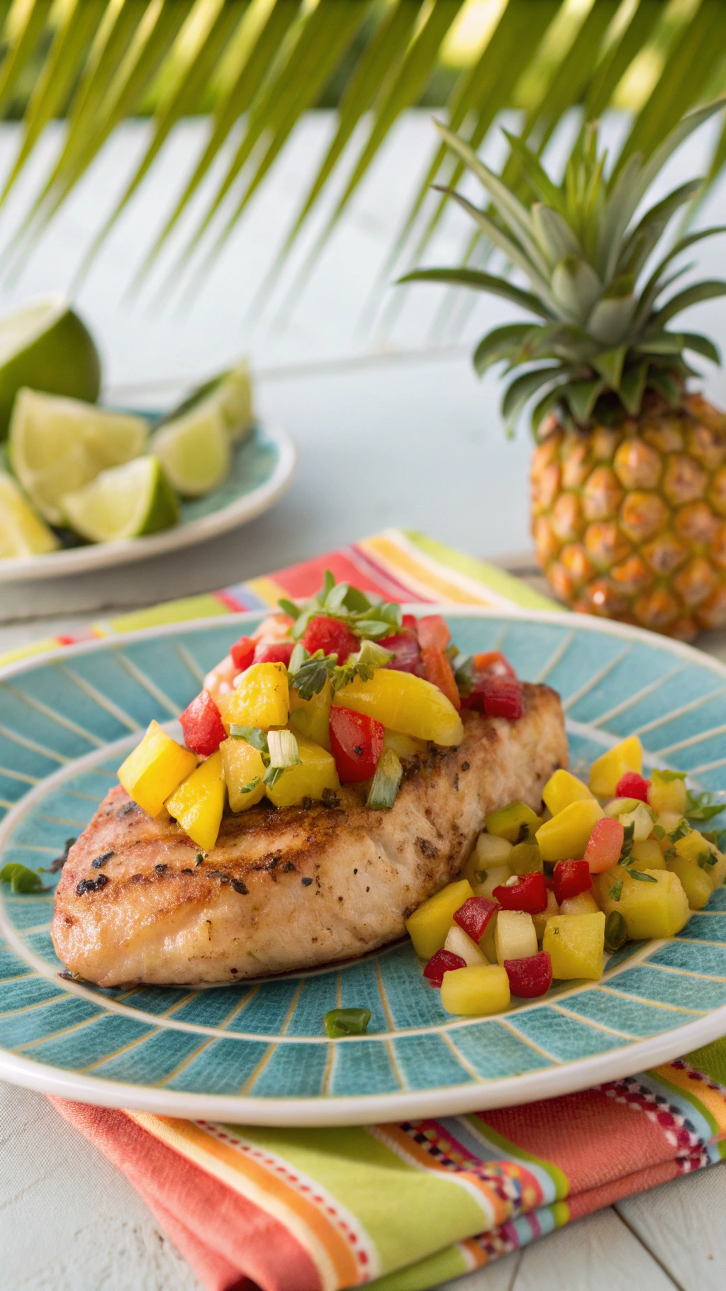 Baked chicken breast topped with pineapple salsa on a colorful plate with lime wedges and a pineapple in the background.