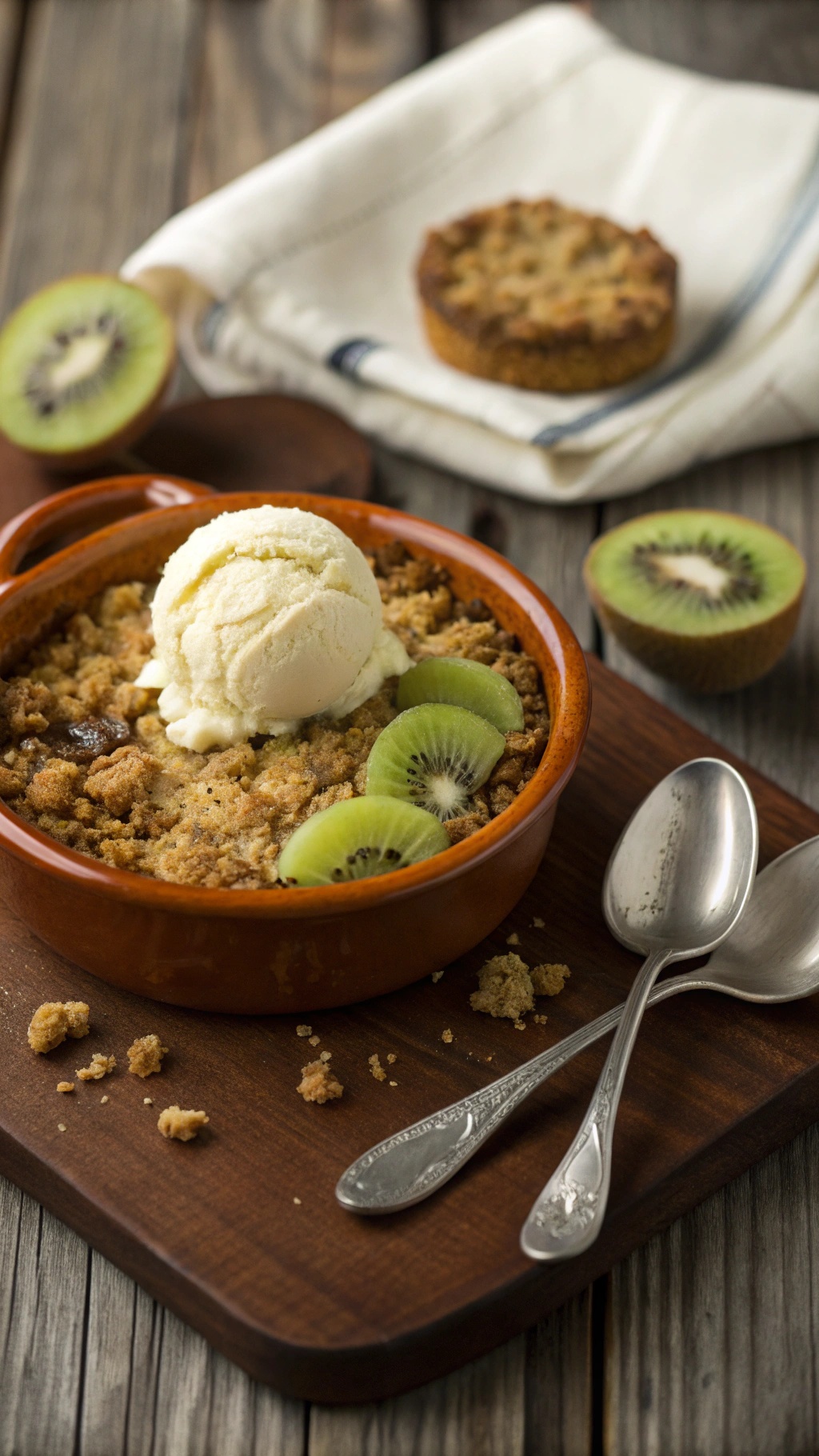 Baked Kiwi Crumble with ice cream and fresh kiwi slices
