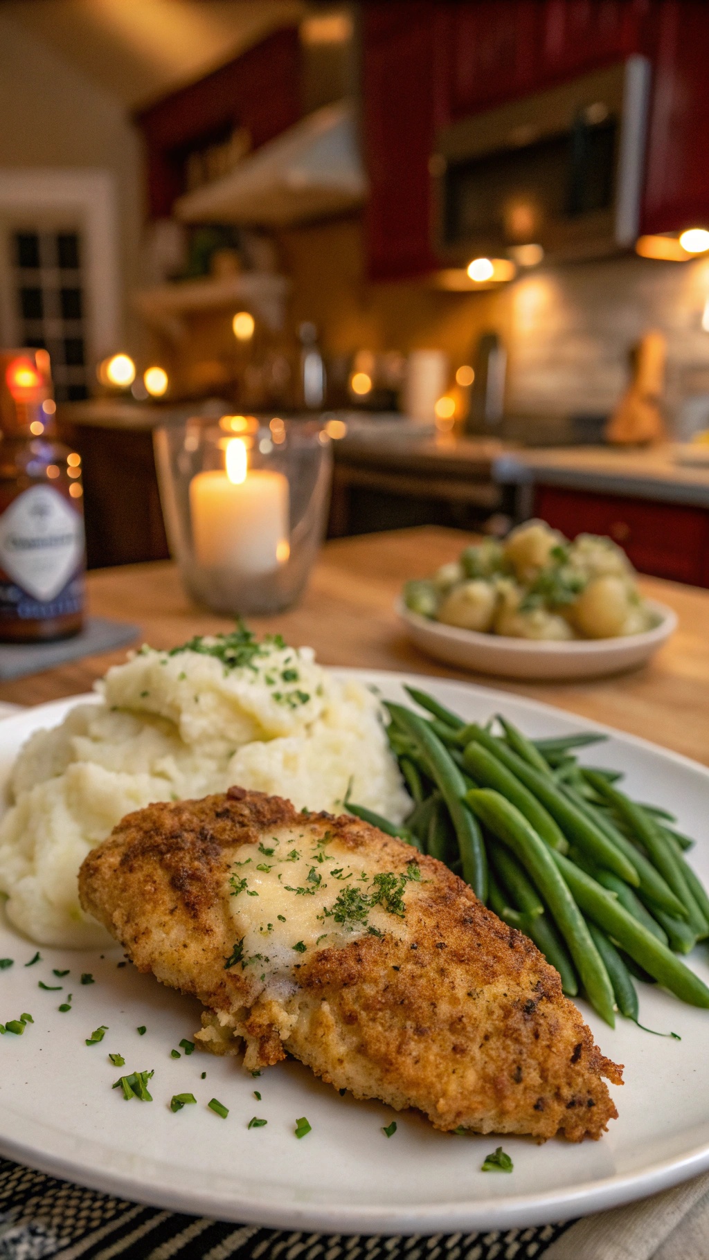 A plate of baked parmesan crusted chicken with mashed potatoes and green beans in a cozy kitchen setting.