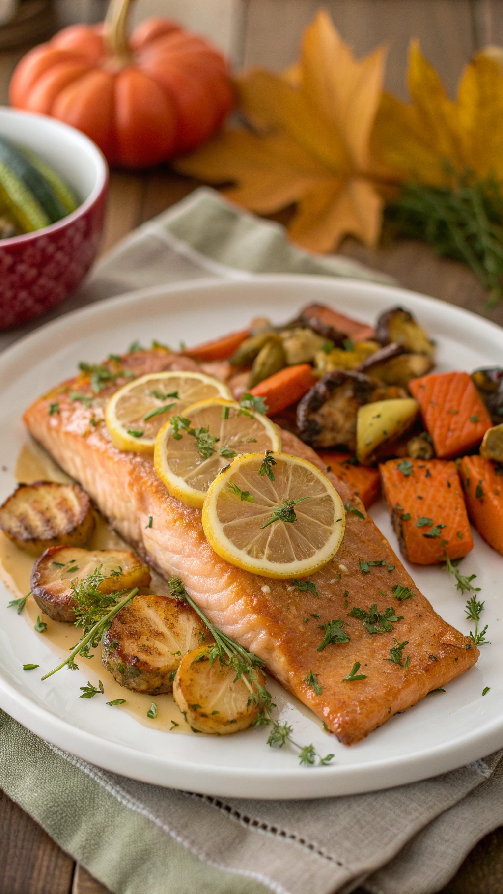 Baked salmon with lemon slices and roasted vegetables on a plate, surrounded by autumn leaves and a pumpkin.