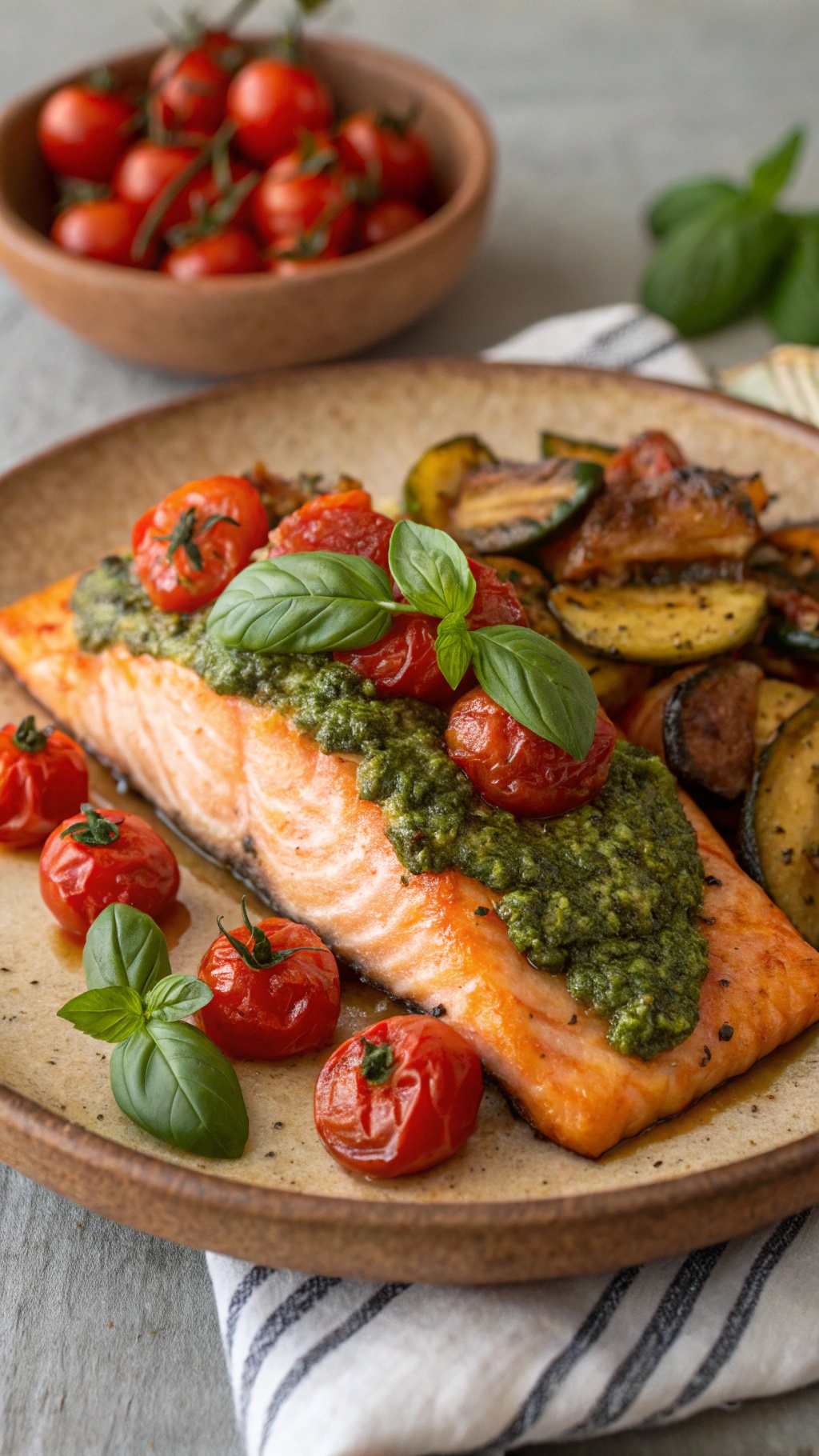 Baked salmon with pesto and tomatoes served on a plate with fresh basil and roasted vegetables.