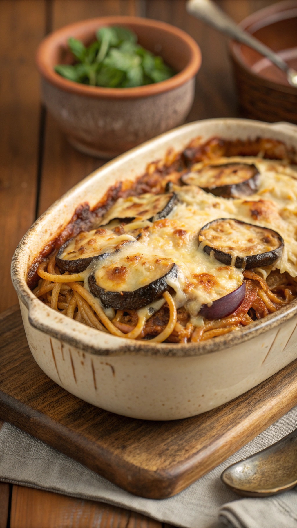 A baked spaghetti dish with eggplant and melted cheese, served in a ceramic dish.