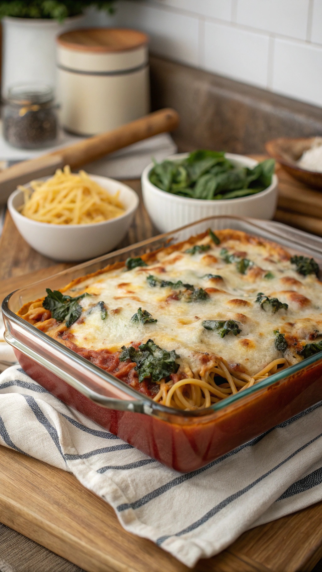 Baked spaghetti with spinach and cheese in a glass dish, surrounded by bowls of cheese and spinach.