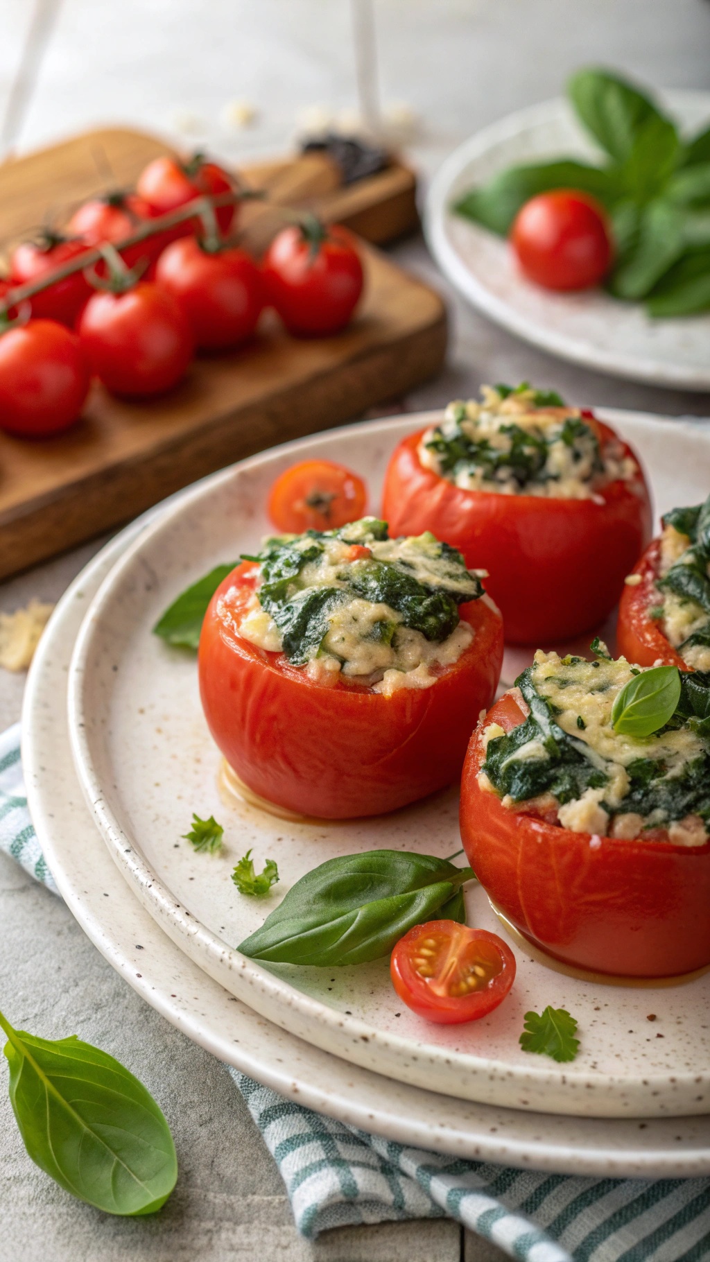 Baked spinach and cheese stuffed tomatoes on a plate with fresh basil and cherry tomatoes in the background.