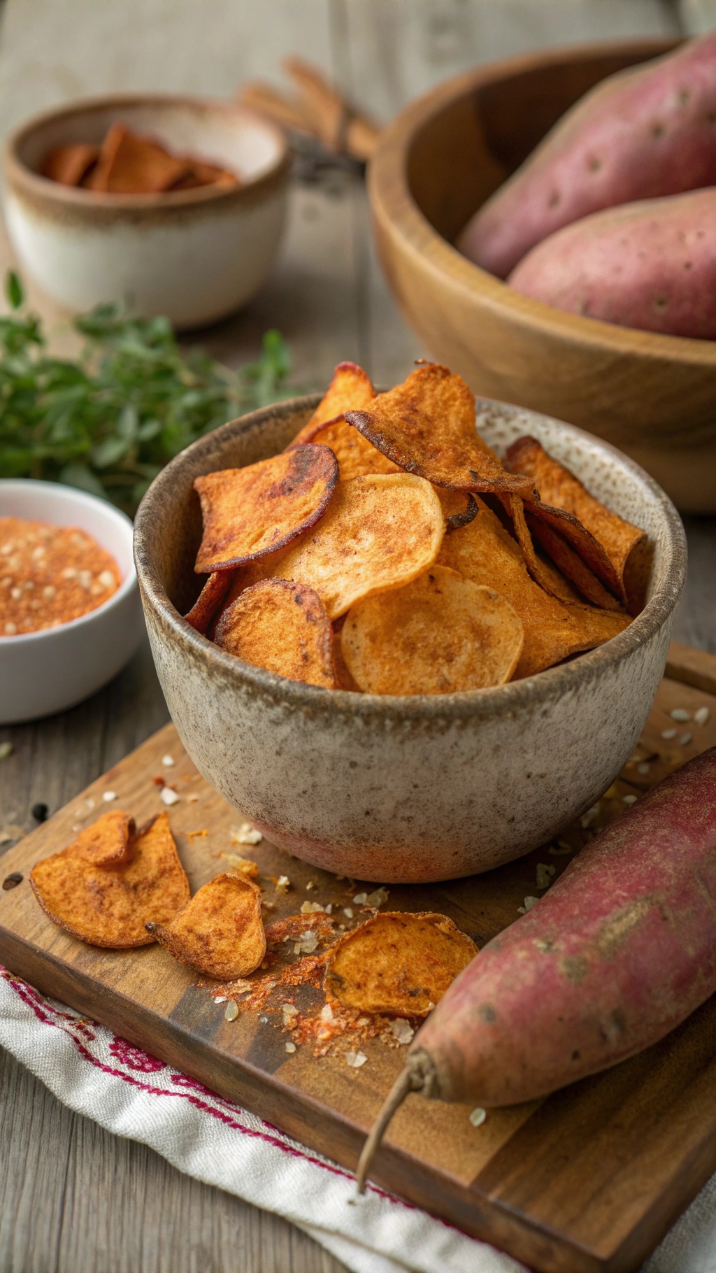 A bowl of baked sweet potato chips with whole sweet potatoes in the background.