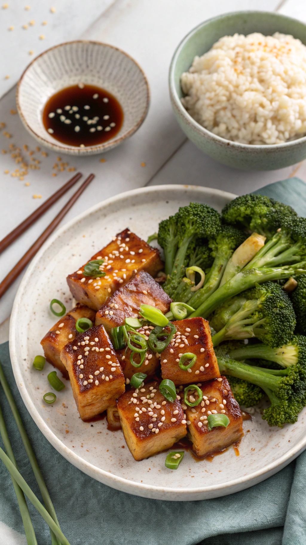 Baked tofu with teriyaki glaze served with broccoli and rice
