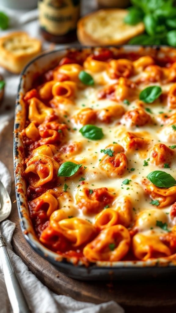 Baked tortellini with marinara sauce and melted mozzarella cheese, garnished with fresh basil.