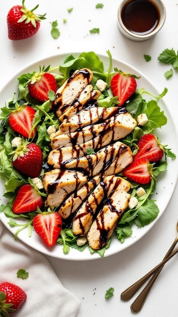 Balsamic chicken salad with strawberries, greens, and feta cheese on a plate.