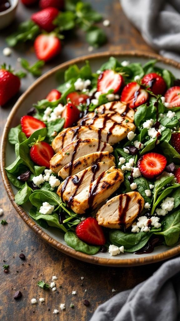 Balsamic chicken salad with strawberries, spinach, and feta cheese on a plate.