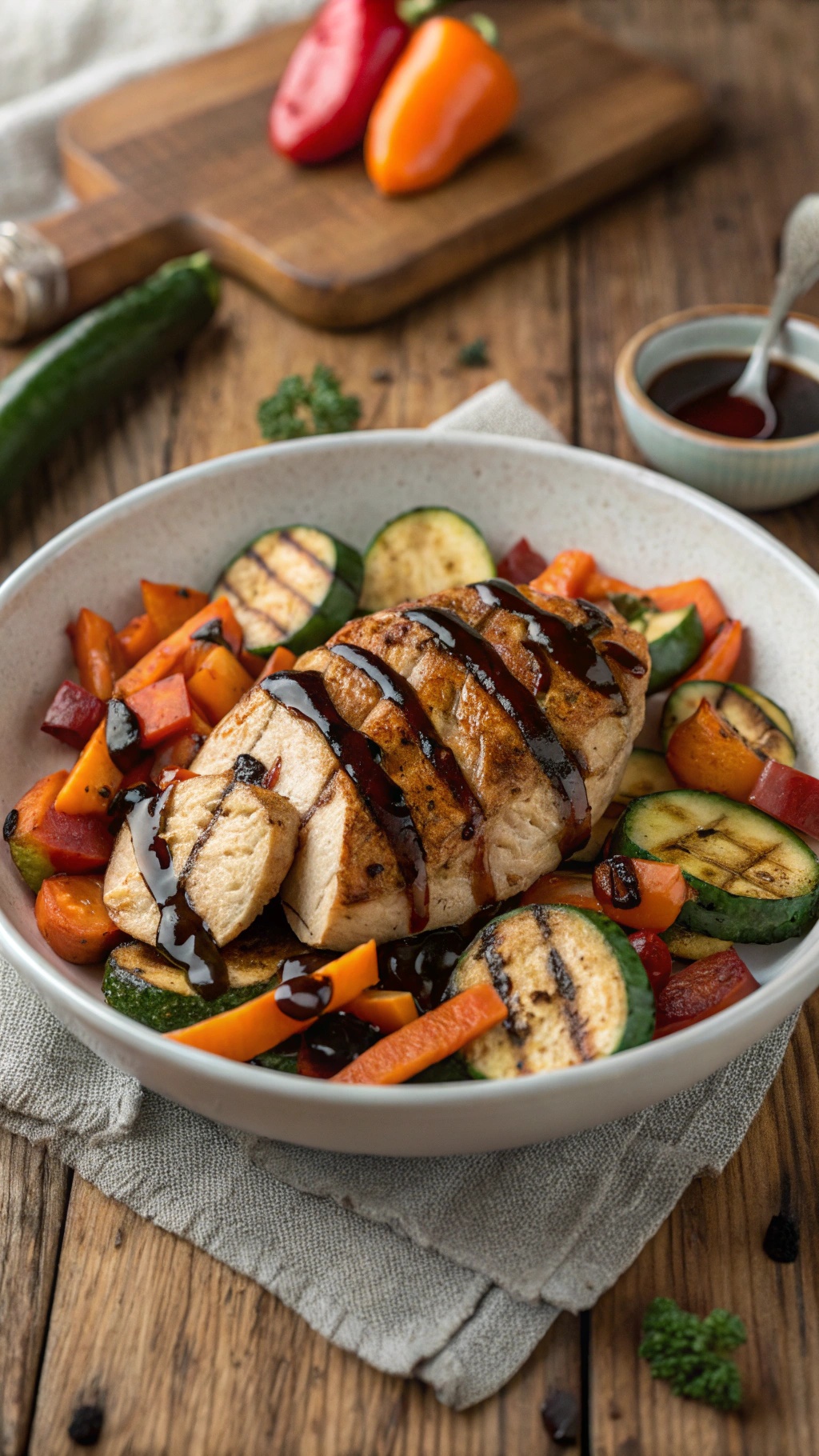 Balsamic chicken with roasted vegetables in a bowl