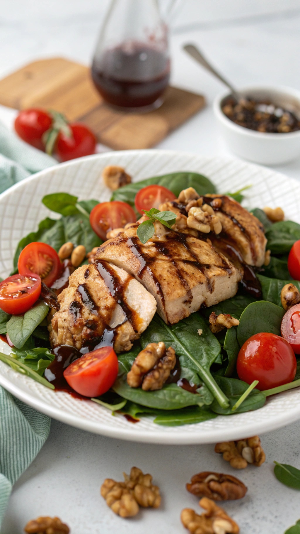 Balsamic chicken served on a bed of spinach salad with cherry tomatoes and walnuts.
